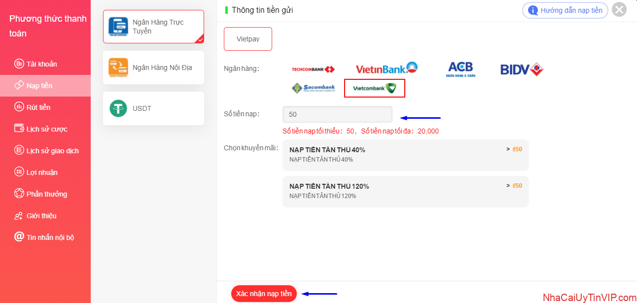 Nạp rút tiền nhanh chóng đa dạng