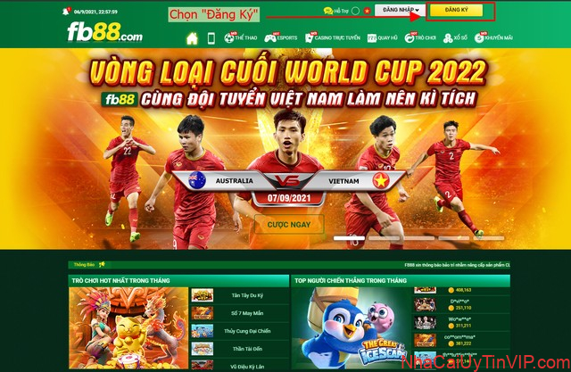 Click chọn nút "ĐĂNG KÝ" màu vàng ở bên góc phải