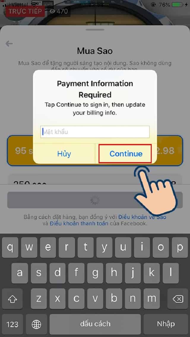 Bạn cần nhập đủ mật khẩu và bấm vào “continue” để xác nhận thanh toán mua sao Bạn cần nhập đủ mật khẩu và bấm vào “continue” để xác nhận thanh toán mua sao