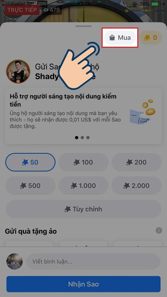 Hãy bấm chọn vào ô “sao” để mở ra bảng tùy chọn mua sao trên facebook Hãy bấm chọn vào ô “sao” để mở ra bảng tùy chọn mua sao trên facebook