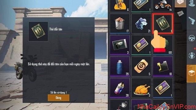 Nhấn vào biểu tượng thẻ rồi nhấn dùng để tiến hành đổi tên Pubg hay cho nhân vật Nhấn vào biểu tượng thẻ rồi nhấn dùng để tiến hành đổi tên Pubg hay cho nhân vật