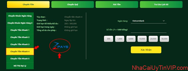 Bước 1: Đăng nhập và chọn phương thức chuyển tiền Zpays Bước 1: Đăng nhập và chọn phương thức chuyển tiền Zpays