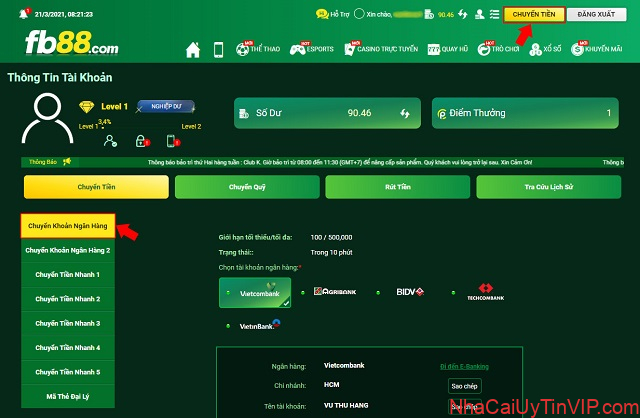 Bước 1: Người chơi chọn phương thức chuyển tiền ngân hàng Bước 1: Người chơi chọn phương thức chuyển tiền ngân hàng