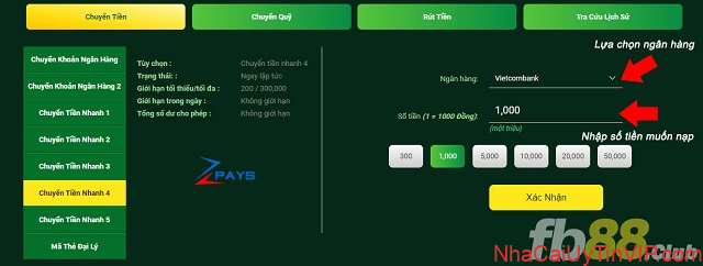 Bước 2: Nhập số tiền bạn muốn nạp vào nhà cái FB88 Bước 2: Nhập số tiền bạn muốn nạp vào nhà cái FB88