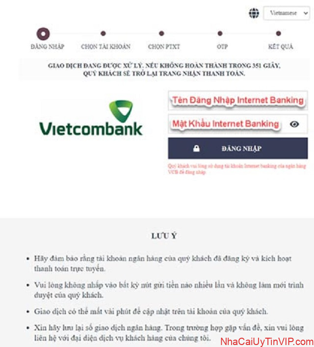 Bước 3: Người chơi thực hiện việc đăng nhập vào tài khoản Internet Banking Bước 3: Người chơi thực hiện việc đăng nhập vào tài khoản Internet Banking