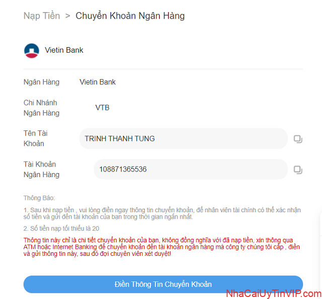 Nạp tiền bằng chuyển khoản Ngân hàng